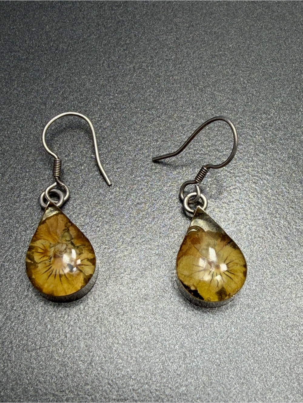 Vintage 925 Sterling Yellow Floral Teardrop Resin Earrings